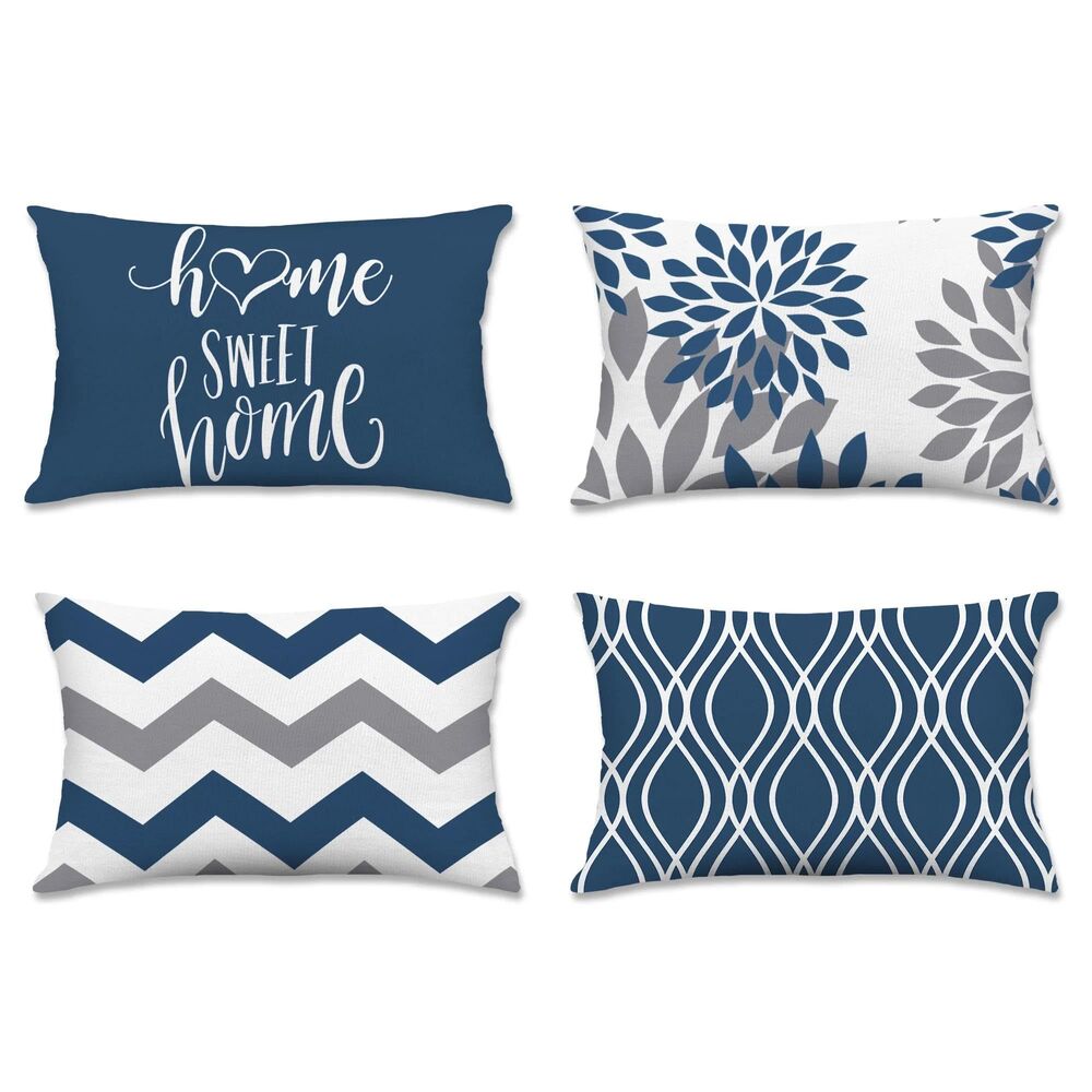 Set of 4, 12x20 Inch Hexagram Geometric Blue Pillow Covers